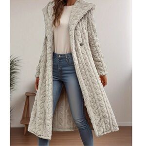 Light Gray Solid Textured Open Front Long Hoodie Jacket Coat S M L XL XXL